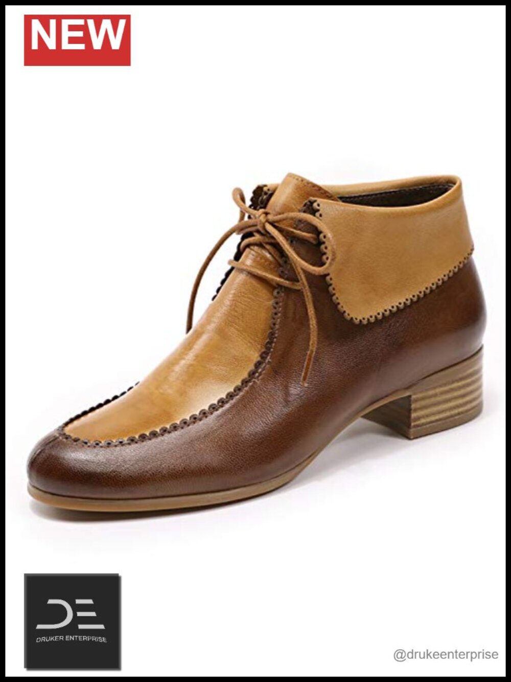 Women's Leather Lace Up Ankle Boots Low Heel Round Toe Booties